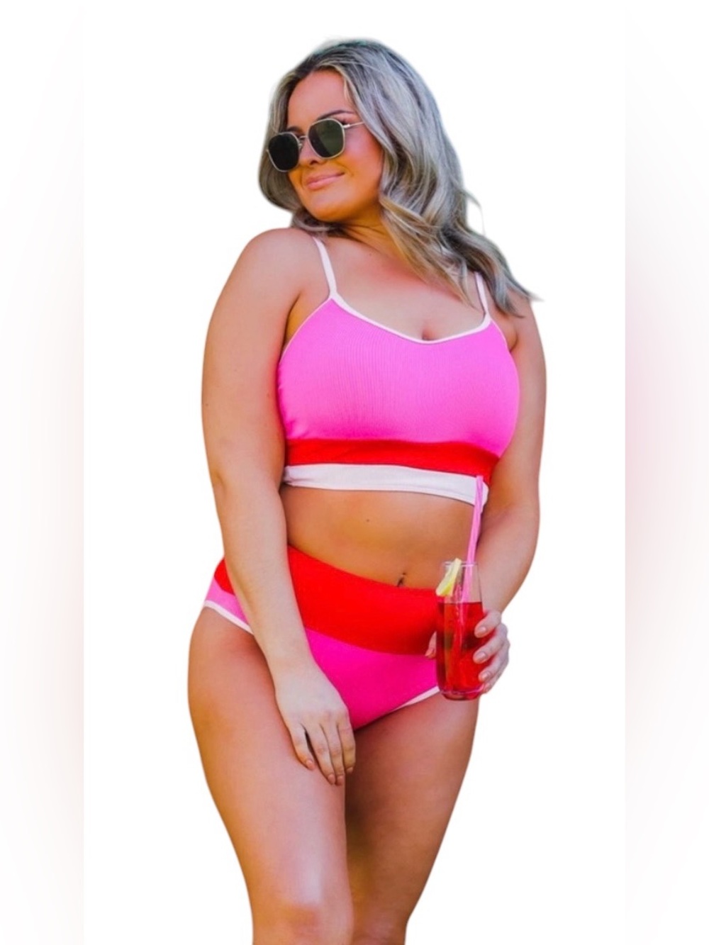 Grace & Emma Pink & Red Color-Block Ribbed Two-Piece Swimsuit, size XL